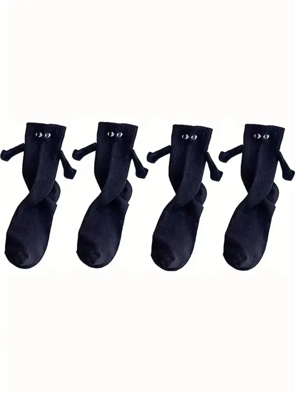 Women's 2 Pairs Basic Cartoon Face Embroidery Crew Socks, Minimalist Soft Cute Funny Magnetic 3D Hand Decor Mid-calf So...