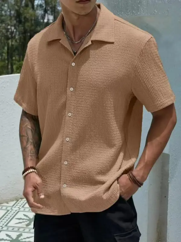 Men's Solid Color Button Front Shirt, Loose Casual Short Sleeve Collar Shirt for Summer, Fashion Men's Clothes for Daily Wea...