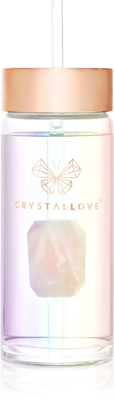 Crystallove Straw Water Glass Water Bottle with Hologram Straw - Rose Quartz 400 ml