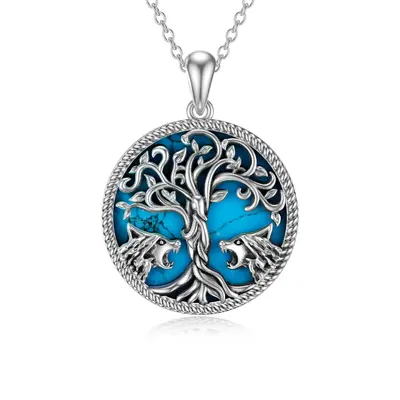 Sterling Silver Turquoise Wolf & Tree Of Life Pendant Necklace