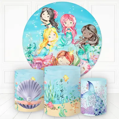Aperturee Mermaid In The Sea With Shell Round Backdrop Kit For Girl | Round Party Backdrop | Circle Backdrop Baby Shower | Cu...