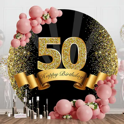 Aperturee Happy 50Th Birthday Black Gold Glitter Ribbon Round Backdrops | Circle Party Backdrop | Round Backdrop Cover Diy | ...