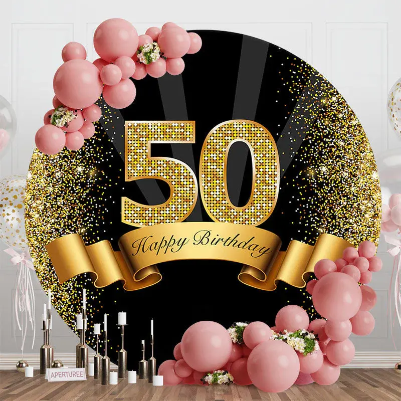 Aperturee Happy 50Th Birthday Black Gold Glitter Ribbon Round Backdrops | Circle Party Backdrop | Round Backdrop Cover Diy | ...