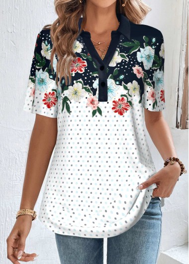 Modlily Navy Button Floral Print Short Sleeve Shirt Collar Blouse - XL
