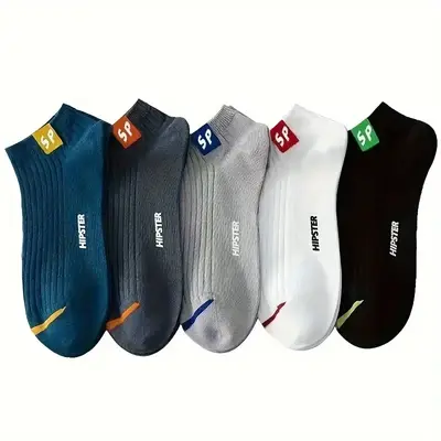 5 Pairs 'SP' Print Fashion Sports Socks for Men & Women - Low-Cut Ankle Socks with Geometric Pattern, Breathable Moisture-Wic...