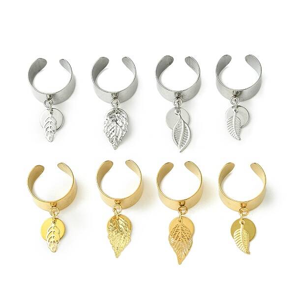 8Pcs 4 Style 304 Stainless Steel Open Cuff Finger Rings with Leaf Charms