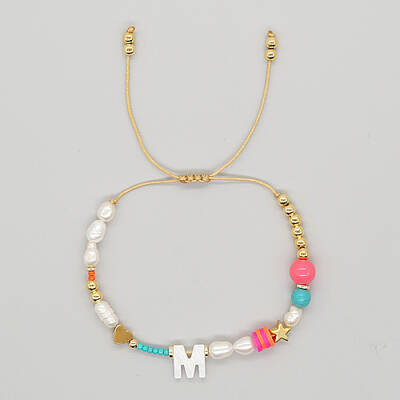 Initial Letter Natural Pearl Braided Bead Bracelet