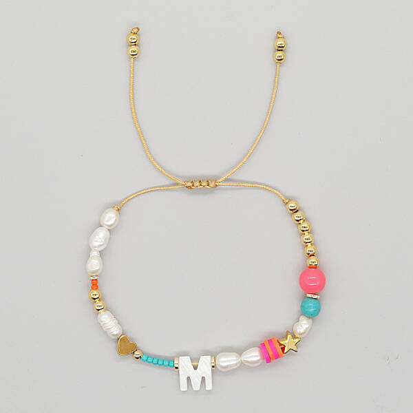 Initial Letter Natural Pearl Braided Bead Bracelet