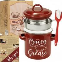 46 OZ Bacon Grease Container with Strainer - 1.3L Large Capacity, With Silicone Spatula, Enamel Bacon Grease Keeper for Dripp...