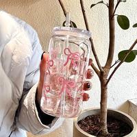 Baby Pink Bow Pattern Water Bottle, 1 Count Water Cup with Lid & Straw, Drinking Cup for Tea, Juice, Milk, Drinkware for Offi...