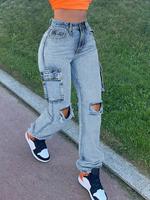 Women's Ripped Flap Pocket Jean Pants, Fashion Streetwear, Fashion Chic Jeans for Women, Casual High Waist Design Denim Pants...