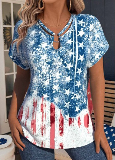 Modlily Blue Flag Print Short Sleeve V Neck T Shirt - M