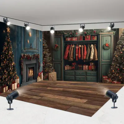 Aperturee Retro Green Wardrobe Christmas Room Set Backdrop | Christmas Photo Booth Backdrop | Christmas Photoshoot Background...