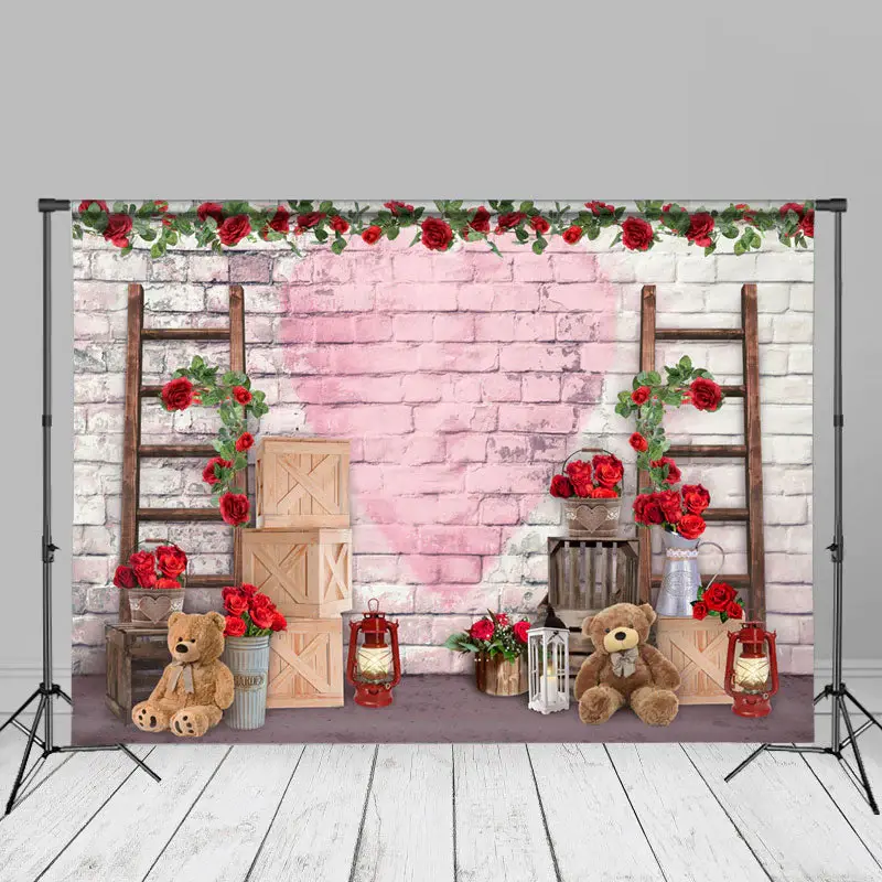 Love Teddy Bears Red Rose Brick Wall Photo Backdrop - Aperturee