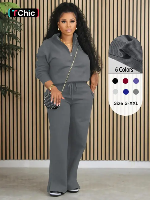 Two-piece Set Women's Solid Zip Up Sweatshirt & Pocket Tie Front Sweatpants Set, Fall Clothes, Casual Style Fashion Cozy Brea...