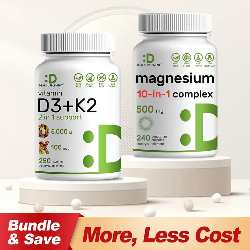 DEAL SUPPLEMENT 10-in-1 Essential Magnesium Complex+Vitamin D3&K2 BUNDLE | Bones, Nerve Function, Sleep, Heart, Immune System...