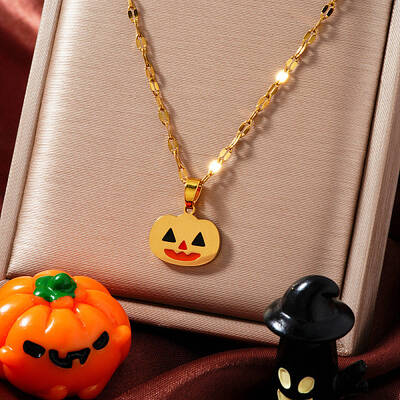 Stainless Steel Enamel Halloween Pumpkin Pendant Dapped Chain Necklaces