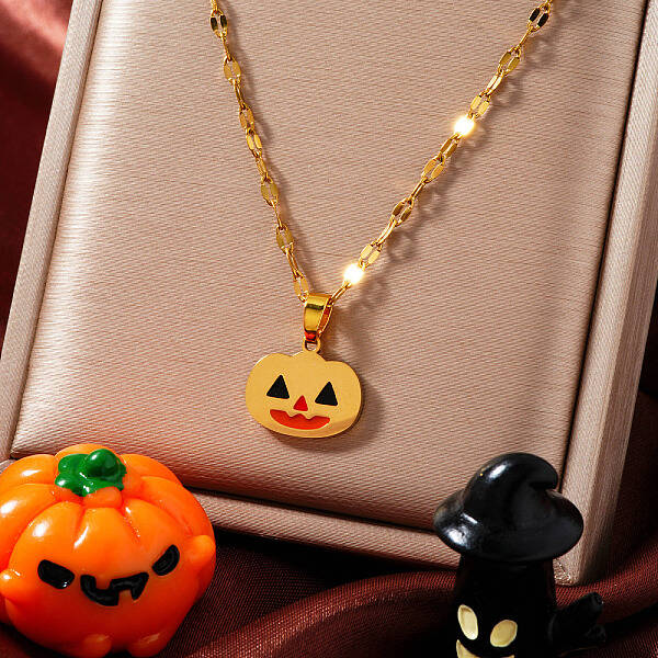 Stainless Steel Enamel Halloween Pumpkin Pendant Dapped Chain Necklaces