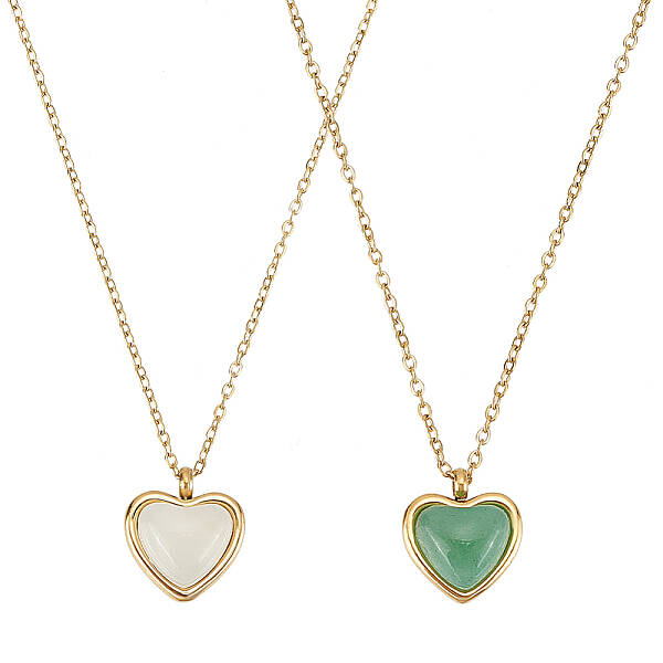 2Pcs 2 Colors Dyed Natural Agate Heart Pendant Necklaces Set with Stainless Steel Cable Chains