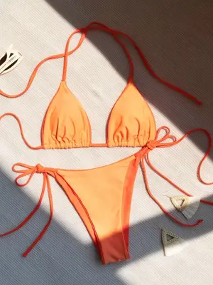 Two-Piece Set Women's Solid Tie Back Bikini Set, Halter Triangle Bra & Tie Side Thong Bikinis for Summer, Swimsuit Sets, Summ...