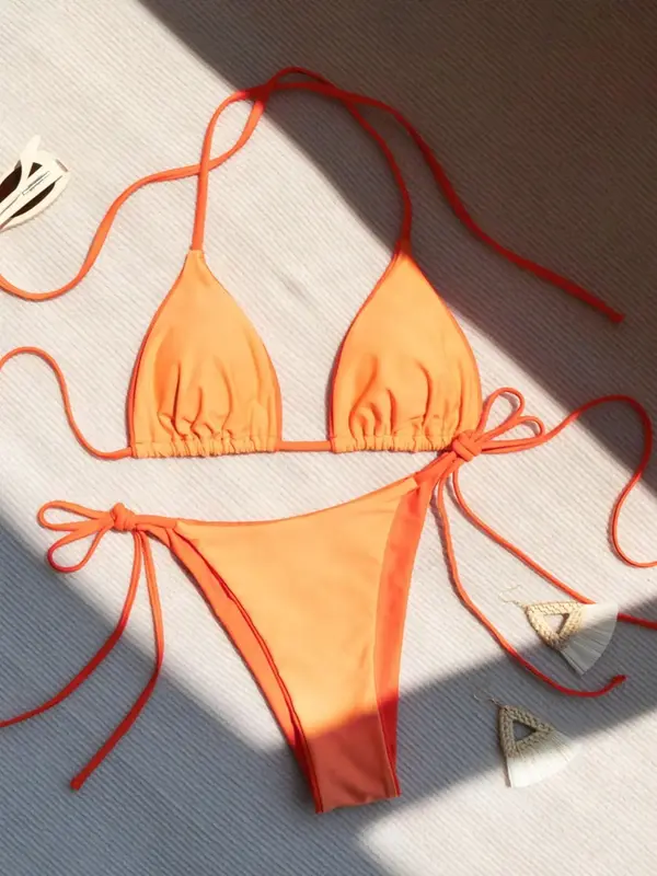 Two-Piece Set Women's Solid Tie Back Bikini Set, Halter Triangle Bra & Tie Side Thong Bikinis for Summer, Swimsuit Sets, Summ...
