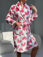 Women's Cute Floral Strawberry Print Wrapped Belted Flannel Lounge Robe, Casual Pastel Cute Long Sleeve Pocket Shawl Collar T...