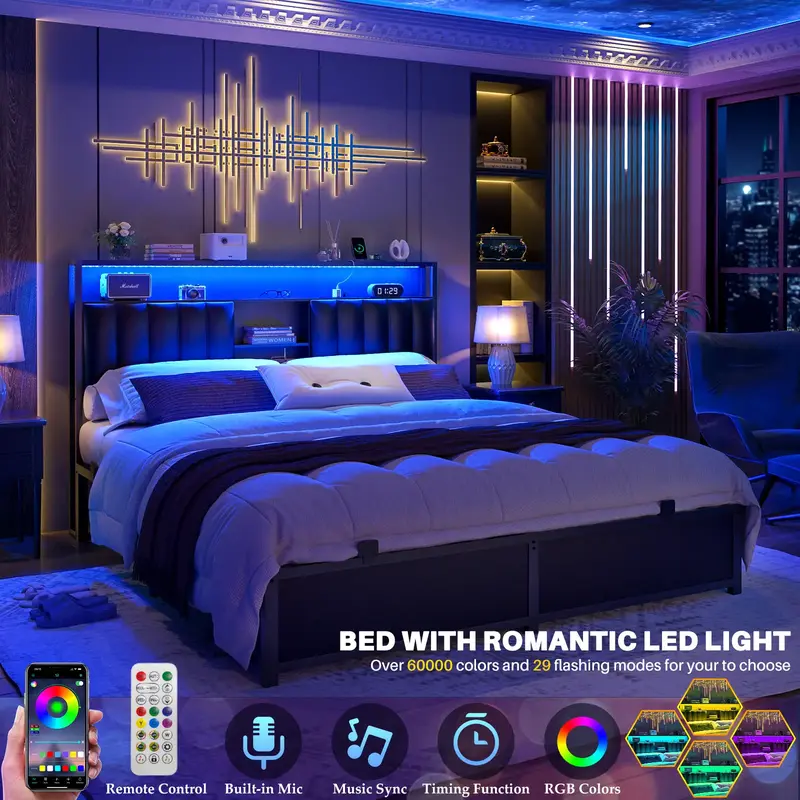 Cyclysio King/Queen/Full Size Bed Frame with Charging Station & Led Light, Platform Bed with Leather Upholstered Headboard an...