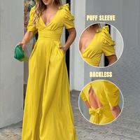 ChicMe Women's Puff Sleeve Plunge Wide Leg Jumpsuit