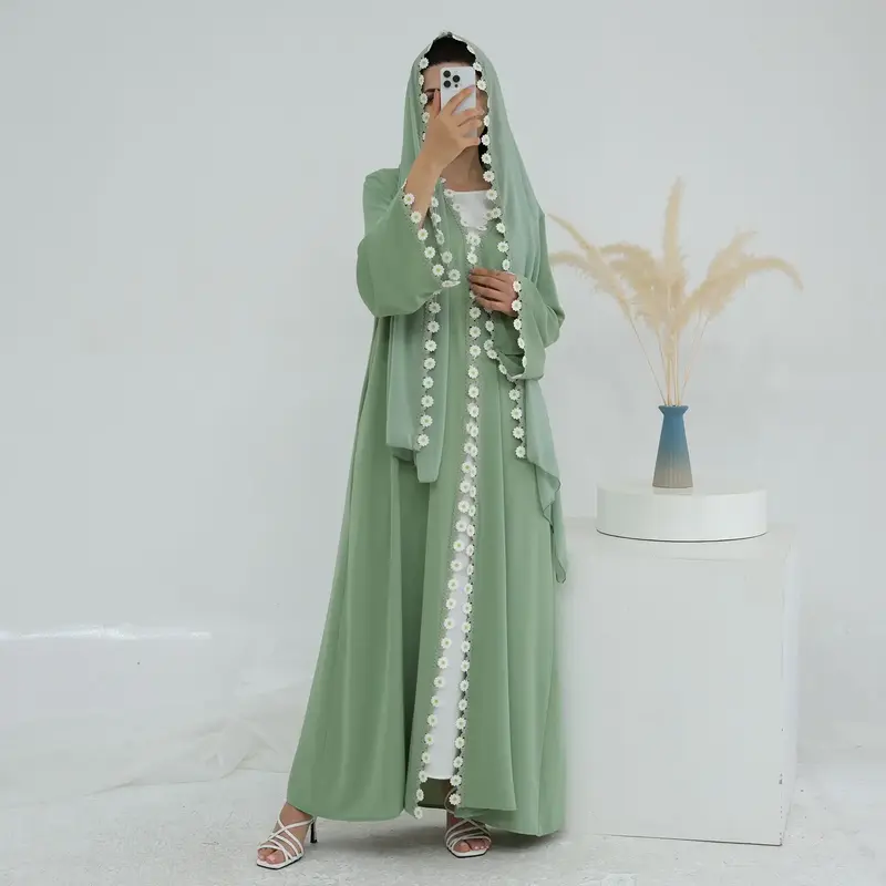 Daisy Trim Sage Green Open Abaya – Twin Garb Exclusive Maxi