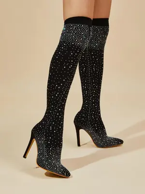 Women's  Rhinestones  Decorated Sock Boots, Fashionable Over-the-knee Boots for Party, Daily Clothing Decor, Stiletto Heel Bo...