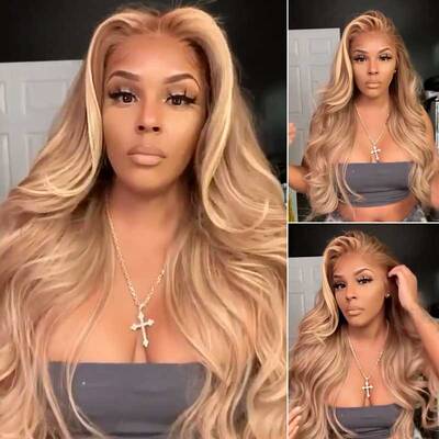 Ashimary 613 Blonde Lace Front Wig 13x4 HD Lace Wigs Straight Customized Peachy Champagne with Blonde Highlight Wig