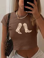 Women's Cowboy Shoes Round Neck Crop Tee, Casual Slim-fitting Short Sleeve T-shirt, Ladies Summer Clothes for Daily Wear, Wom...