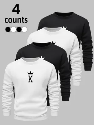 Men's Letter & Crown Print Round Neck Sweatshirt, Loose Casual Fashion Long Sleeve Pullover for Fall & Winter, Boyfriend Gift...