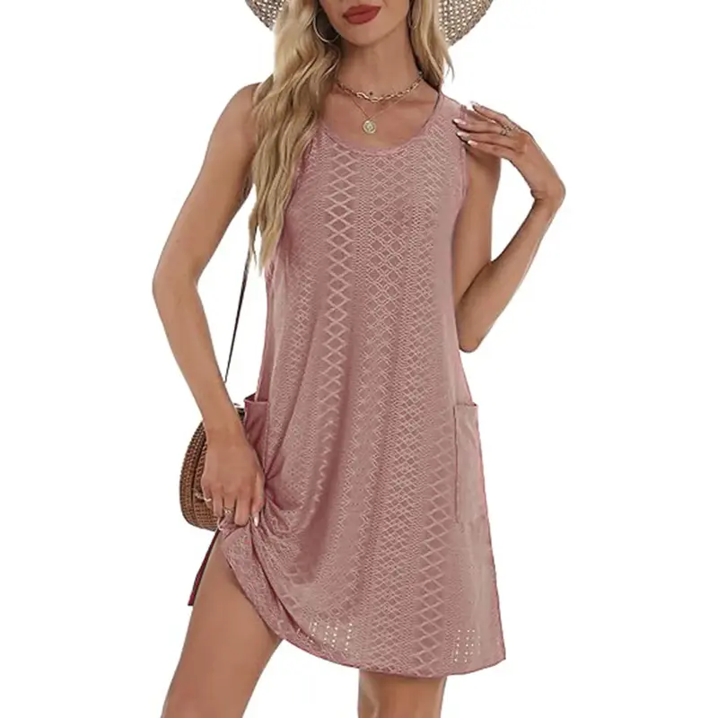 Coverup Summer Dresses for Women 2025 Eyelet Casual Loose Sleeveless Sundresses Tank Dresses with Pockets