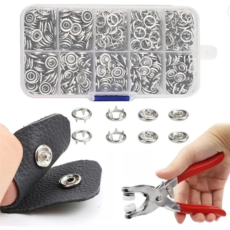 800PCS Metal Snaps Buttons,Fastener Pliers Press Tool Kit with 200 Sets 3/8 Inch Snaps,Prong Metal Snaps,Stainless Steel Snap...