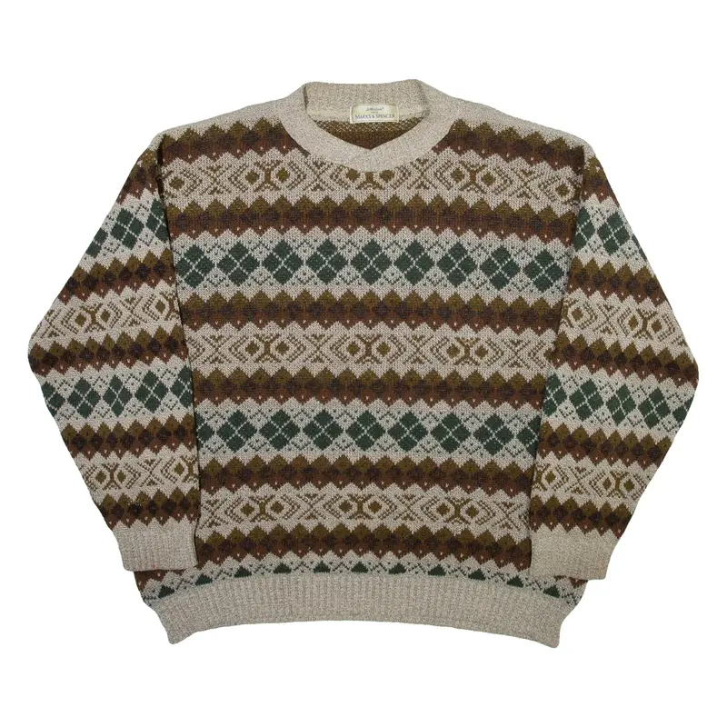 ST MICHAEL Mens Patterned Jumper Beige Argyle Tight Knit XL