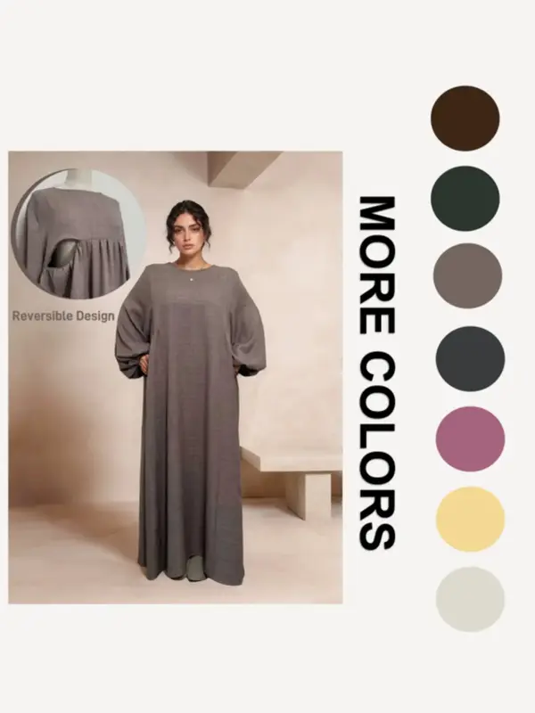 Women's Casual Loose-Fit Woven Dress, Plain Pattern Ballon Sleeve Design, Thin Fabric All Season Wearable Clothing