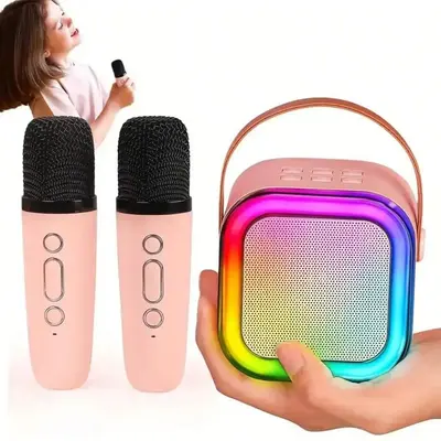 Portable Mini Wireless Speaker with 2 Wireless Microphones, Rechargeable RGB Light Speaker Set, Home Karaoke Speaker Set for ...