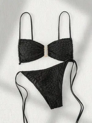 Two-piece Set Women's Plain Textured Bikini Set, Chic Padded Wireless Swim Bra & Tie Side Swim Thong, Two-piece Swimsuit for ...