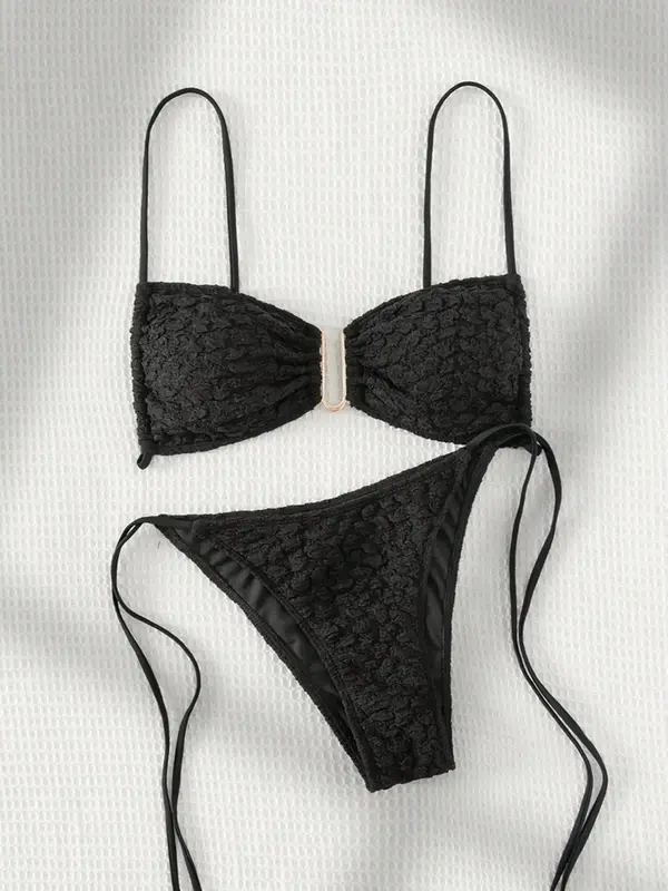 Two-piece Set Women's Plain Textured Bikini Set, Chic Padded Wireless Swim Bra & Tie Side Swim Thong, Two-piece Swimsuit for ...