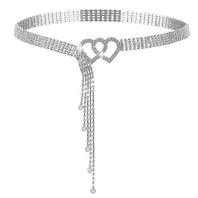 Iron Glass Rhinestone Cup Chain Belt with Brass Heart Buckle