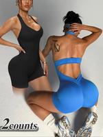 Women's Solid Backless Sports Romper, Breathable Comfortable Sleeveless Romper for Yoga Gym Workout, Ladies Sportswear for In...