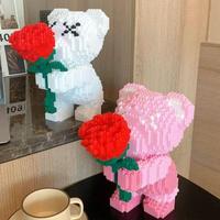 Bear & Rose Design Building Blocks, 1 Box Cute Bear Holding Rose Bricks, Creative Desktop Ornament, Educational Assembly Toy ...