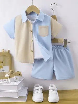 Two-Piece Set Boy's Colorblock Button Front Shirt & Shorts Set, Casual Short Sleeve Collared Top & Shorts, Summer Outfit Clot...