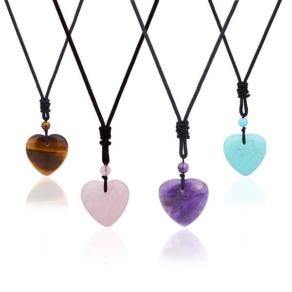 4Pcs 4 Style Heart Natural & Synthetic Mixed Gemstone Pendant Necklace with Nylon Cords