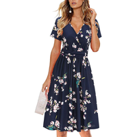 Womens Summer Short Sleeve Casual Dresses V Neck Floral Vacation Sundress Faux Wrap Midi Dress with Pockets