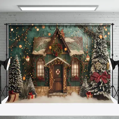 Retro Green House Trees Christmas Photo Backdrop