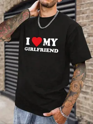 Men's Letter & Heart Print Round Neck Tee, Regular Fit Casual I Love My GF Print Short Sleeve T-shirt For Summer, Men's ...