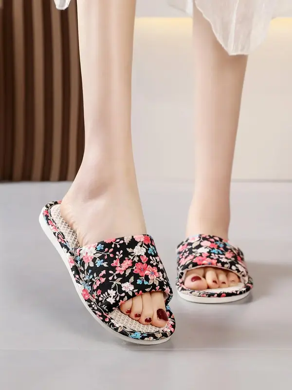 Women's Ditsy Floral Print Slides, Casual Soft Comfortable Home Slippers, Open Toe Slippers