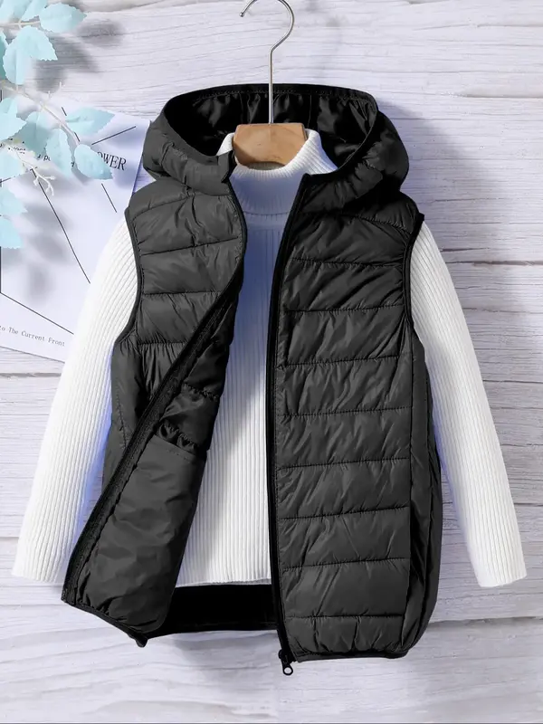 Girl's Solid Color Pocket Zip Up Hooded Puffer Vest Coat, Casual Sleeveless Outerwear for Fall & Winter, Kids Clothes for Dai...